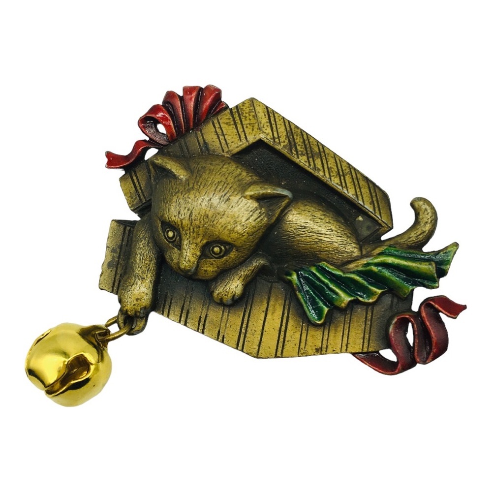 JJ Signed Kitty Cat In Gift Present Box Articulated Bell Pin Christmas Brooch